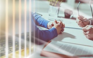 Business negotiation between businesswoman and businessman multiple exposure